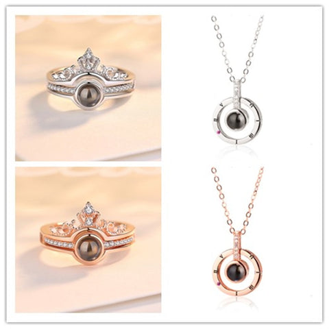 Dropshipping Rose Gold&Silver 100 languages I love you Projection Ring and Pendant  Romantic Love Memory Wedding Ring Jewelry